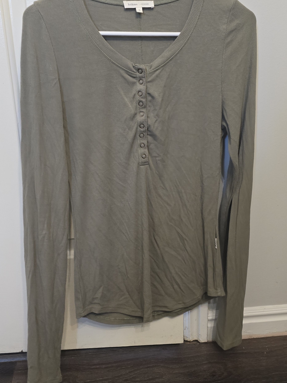 bohme Olive Ribbed Henley Long Sleeve Top